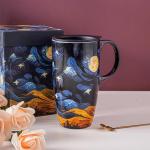 Starry Night Ceramic Coffee Mug with Lid 17oz
