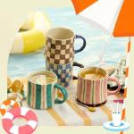 Retro Checkered Ceramic Coffee Mug Set - 16oz