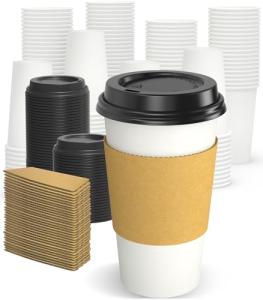 Dealusy 100 Pack 16 oz Disposable Coffee Cups with Lids and Sleeves, Sturdy Thick Paper & Leak-free Insulated to Go Coffee Cups with Lids, Paper Hot Coffee Cups with Sip Lids for Hot & Cold Beverage