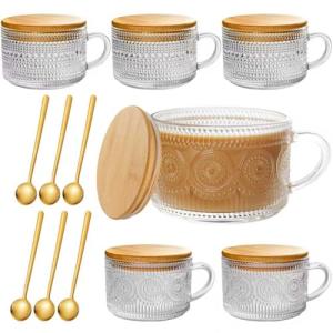 Vintage Glass Coffee Mug Set with Bamboo Lids