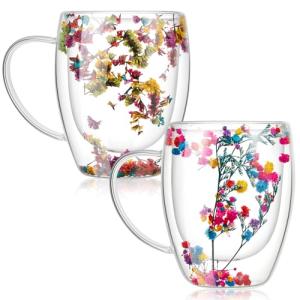 Double Wall Glass Coffee Mugs with Flowers - 2 Pcs