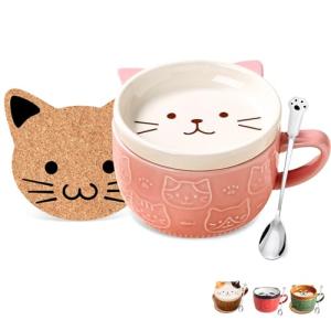 Cute Cat Mug with Lid – Pink Ceramic 10oz