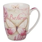 Christian Art Gifts Botanic Pink Butterfly Ceramic Coffee Mug – Inspirational Coffee Cup for Women & Men 12 oz. Lead-free Microwave and Dishwasher Safe Coffee Mug with Bible Verse: Believe - Mark 9:23