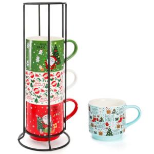 Christmas Stackable Coffee Mug Set with Rack