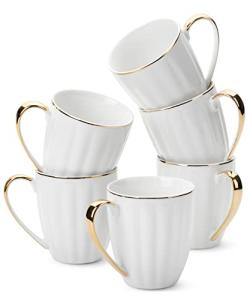 White Coffee Mugs Set of 6 with Gold Trim