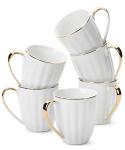 White Coffee Mugs Set of 6 with Gold Trim