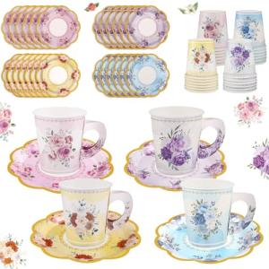 24 Floral Disposable Tea Cups with Plates