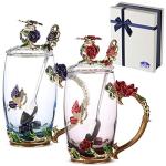Floral Glass Tea Cups with Lids - Set of 2