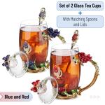 Floral Glass Tea Cups with Lids - Set of 2