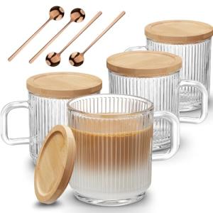Set of 4 Ribbed Glass Coffee Mugs