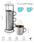 LAUCHUH Stackable Coffee Mug Set with Rack - 15 Ounce Porcelain Coffee Mugs for Coffee, Tea, Cocoa, Milk, Mug Set of 4, Father's Day Gifts, Grey