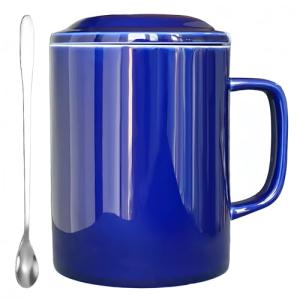 Extra Large Ceramic Coffee Mug with Lid - Blue