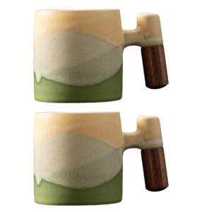 Colorful Ceramic Espresso Cups with Wooden Handle Set