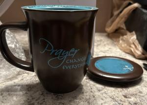 Abbey Gift Prayer Changes Everything Coaster Brown and Blue, 1 Count, Dishwasher Safe Mugs For Coffee and Tea, Includes Bible Verse, "4 x 4.38""" (52892),14 ounce