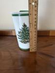 Spode Christmas Tree Travel Mug with Lid - 8 Oz Coffee Mug for Holiday Drinks, Dishwasher & Microwave Safe Ceramic Tumbler - Festive Christmas Design for On-The-Go (Christmas Tree)
