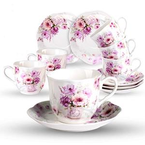 Purple Floral Porcelain Tea Cups and Saucers Set