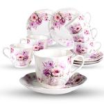Purple Floral Porcelain Tea Cups and Saucers Set