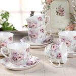Purple Floral Porcelain Tea Cups and Saucers Set