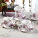Purple Floral Porcelain Tea Cups and Saucers Set