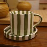 Hand-Painted Striped Espresso Mug and Saucer Set