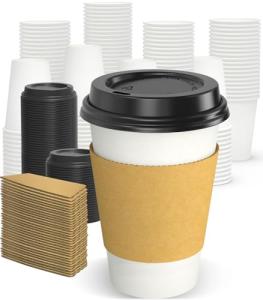 Dealusy 100 Pack 12 oz Disposable Coffee Cups with Lids and Sleeves, Sturdy Thick Paper & Leak-free Insulated to Go Coffee Cups with Lids, Paper Hot Coffee Cups with Sip Lids for Hot & Cold Beverage