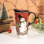 Topadorn Coffee Ceramic Mug Porcelain Latte Tea Cup With Lid in Gift Box 17oz., Santa Snowman