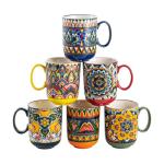 Henten Home Porcelain Coffee Mug Set of 6, 14 oz Colorful Latte Cup with Handle, Boho Ceramic Mug for Hot Chocolate, Milk, Tea, Cappuccino, Cocoa, Microwave & Dishwasher Safe