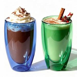 ELEMENT LABS Colored Double Wall Coffee Cups Set of 2 15oz Insulated Borosilicate Glass Mug for Coffee, Tea, Matcha & Holiday Drinks - Nature Inspired Ocean&Botanic Collection