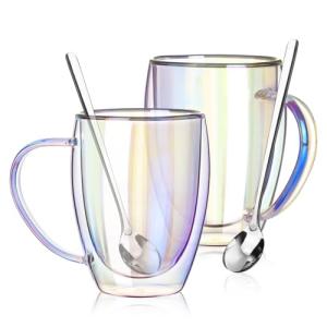 Double Walled Iridescent Glass Coffee Mugs, Set of 2