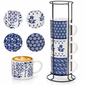 Eorbow 4 Pack Ceramic Coffee Mug Set with Rack, 16 OZ Stackable Cappuccino Cups with Metal Stand, Blue and White Porcelain Tea Mugs for Latte, Americano, Milk, Hot Cocoa, Beverages, Microwave Safe