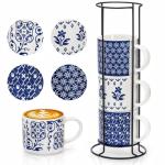 Eorbow 4 Pack Ceramic Coffee Mug Set with Rack, 16 OZ Stackable Cappuccino Cups with Metal Stand, Blue and White Porcelain Tea Mugs for Latte, Americano, Milk, Hot Cocoa, Beverages, Microwave Safe