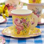 Talking Tables 24 x Vintage Floral Paper Tea Cups & Saucer Set, Disposable Tea Cups for Afternoon Tea Parties, Bridal Shower Baby Shower Mothers Day, Wedding, Birthday, Birthday Party Decorations 7 oz