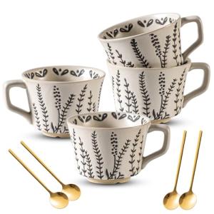 Ceramic Latte Mug Set with Gold Spoons - 4 Pack