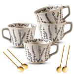 Ceramic Latte Mug Set with Gold Spoons - 4 Pack