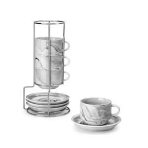 Marble Gray Espresso Cups Set with Saucers