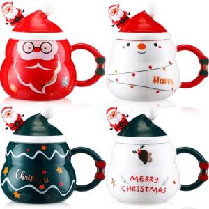 Cute Christmas Mugs Set with Santa Hat and Spoon
