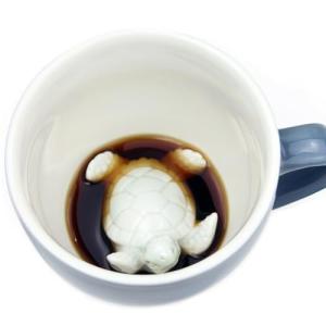 Creature Cups TURTLE Ceramic Cup (11 Ounce, Grey Blue Exterior) - 3D Sea Animal Inside - Birthday, Holiday & Housewarming Drinkware Gift for Ocean and Coffee & Tea Lovers