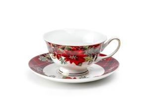 Poinsettia Pine Cone Red Plaid Tea Cup Set