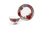 Poinsettia Pine Cone Red Plaid Tea Cup Set