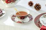 Poinsettia Pine Cone Red Plaid Tea Cup Set
