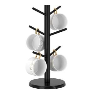 Black Coffee Mug Tree with Bamboo Base and Hooks