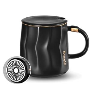 Ceramic Coffee Mug with Lid and Gold Trim