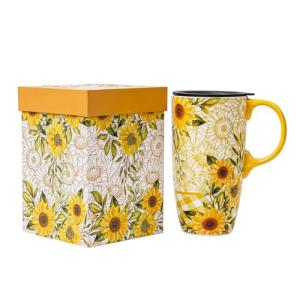 Topadorn Coffee Ceramic Mug Porcelain Latte Tea Cup With Lid in Present Box 17oz Sunflowers