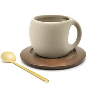 Elegant Ceramic Coffee Mug Set with Wood Saucer