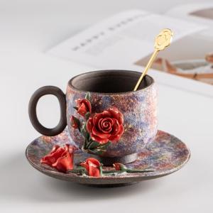 Handmade Ceramic Cup and Saucer Set - Rose-B
