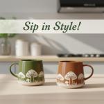 Set of 2 Mushroom Design Stoneware Mugs