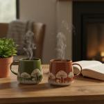 Set of 2 Mushroom Design Stoneware Mugs