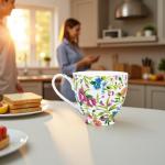 LanHong 16 oz Floral Mugs Bone Porcelain Coffee Tea Cup Cute Coffee Mug Gift for Friend Colleague Dad Mom (White B)