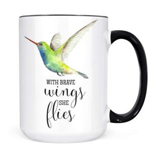 With Brave Wings She Flies Hummingbird Mug | Inspirational Coffee Cup Gift for Women | Ceramic 11oz 15oz | Dishwasher Microwave Safe | Nature Bird Floral Quote Mug