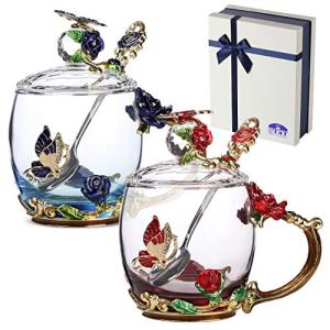 Floral Glass Tea Cups with Lids and Spoon Set